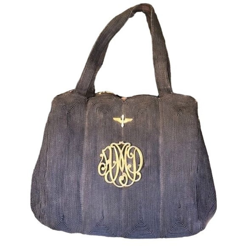1940s Black Cord Purse With WWII Aviation Cadet Pin and Monogram Initials Pin